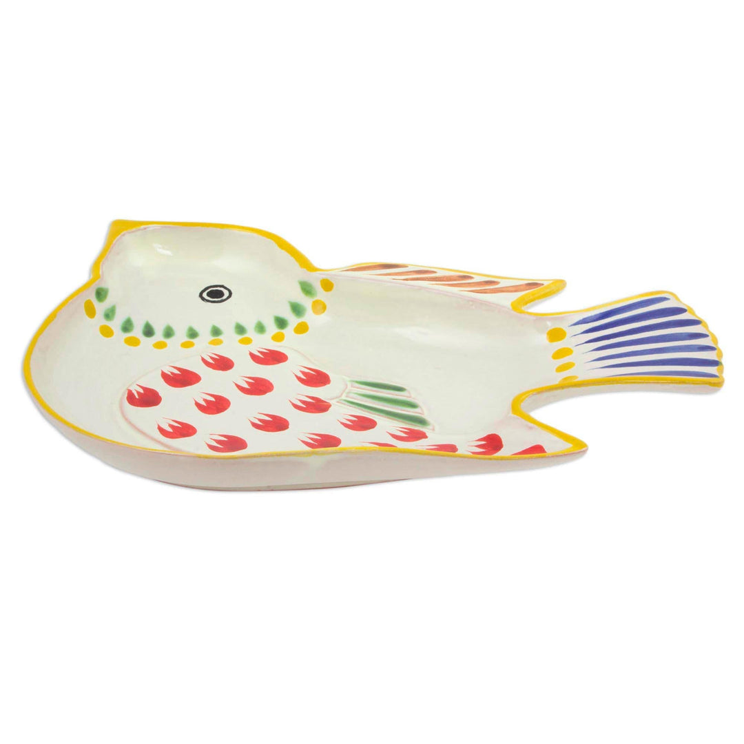 Handcrafted Songbird Theme Majolica Ceramic Dish - Red Wing Songbird