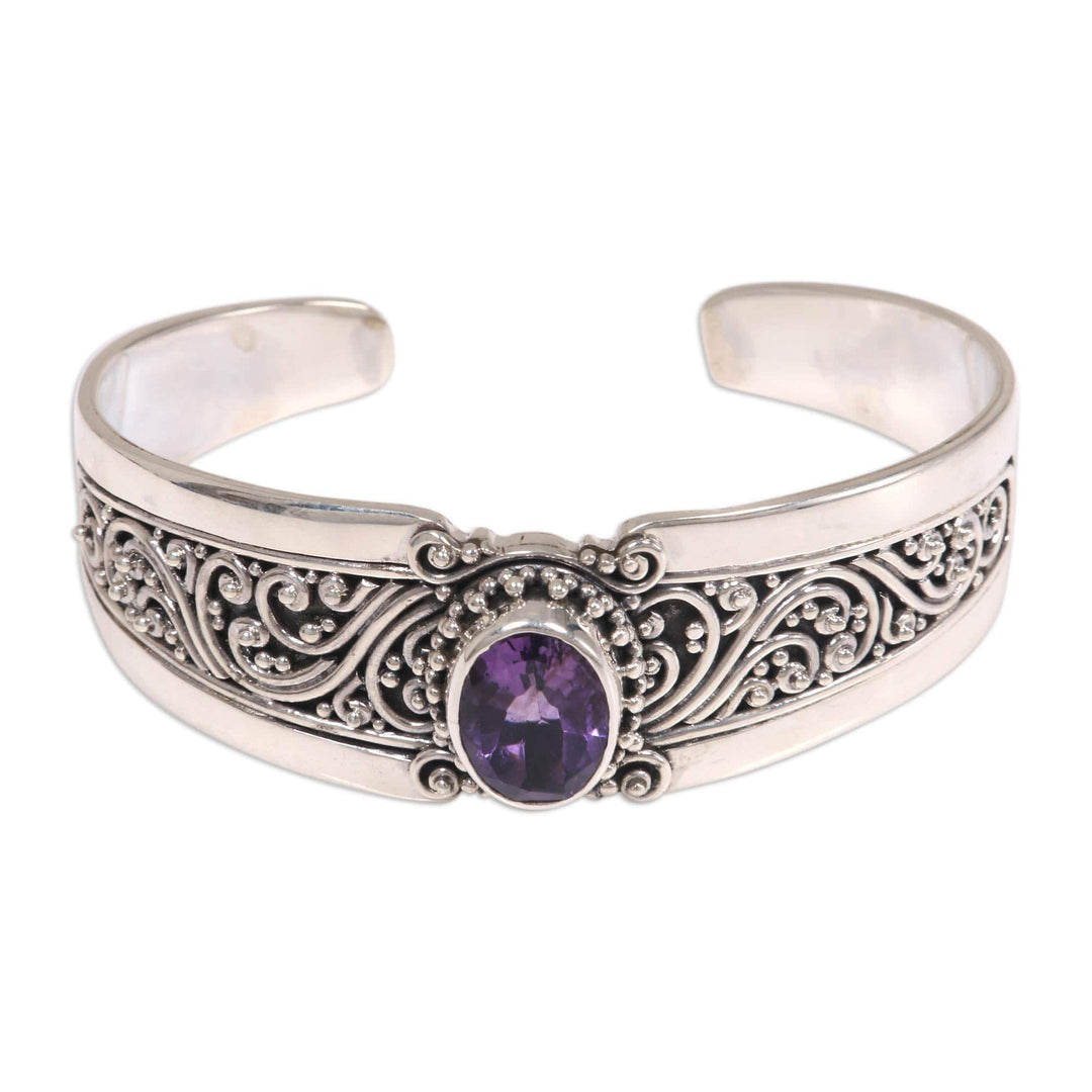 Amethyst and Sterling Silver Balinese Style Cuff Bracelet - Twilight Goddess