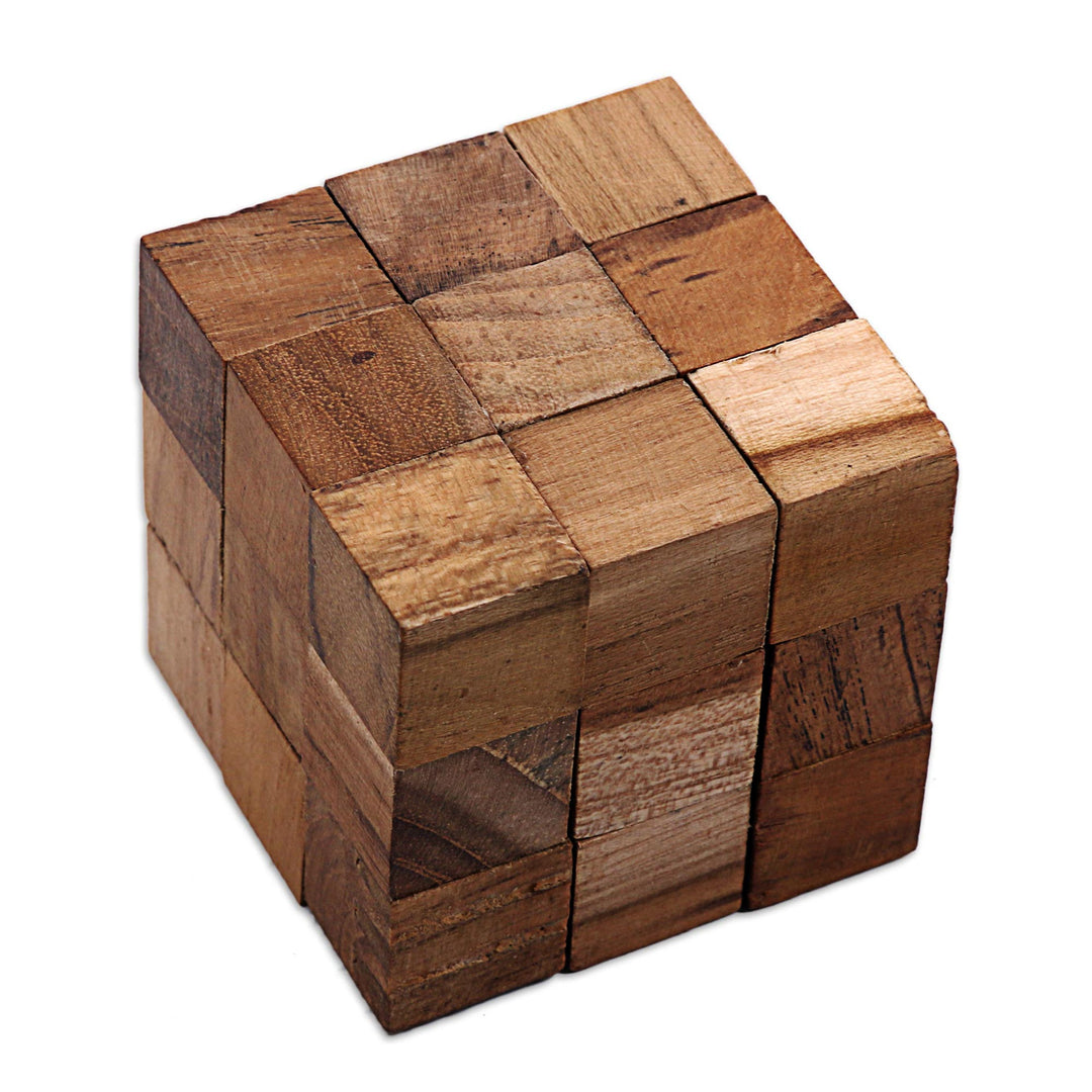 Artisan Crafted Natural Teak Wood Puzzle from Java - Snake Cube