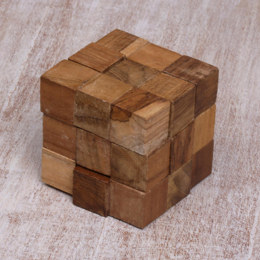 Artisan Crafted Natural Teak Wood Puzzle from Java - Snake Cube