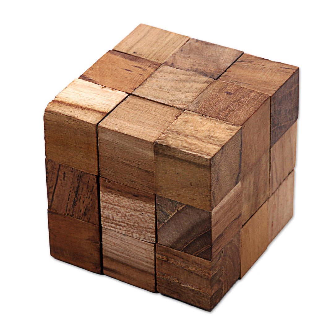 Artisan Crafted Natural Teak Wood Puzzle from Java - Snake Cube