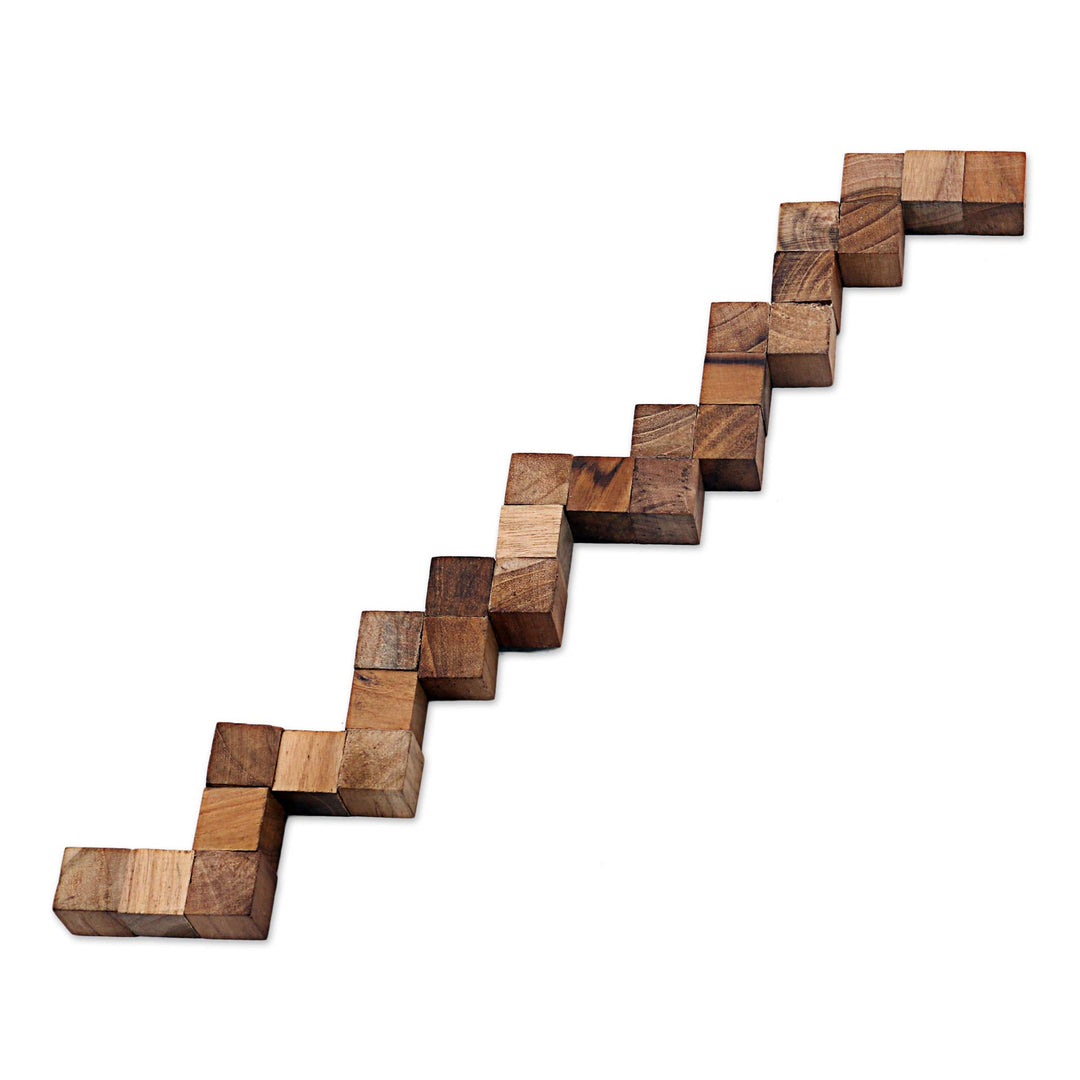 Artisan Crafted Natural Teak Wood Puzzle from Java - Snake Cube