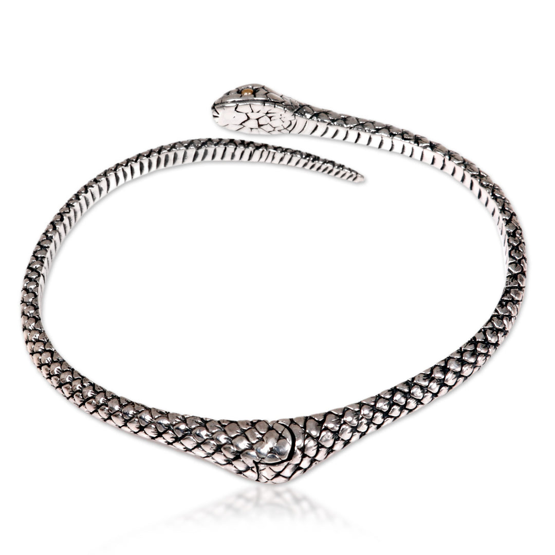 Realistic Sterling Silver Snake Bracelet with 18k Gold Eyes - Earth Serpent
