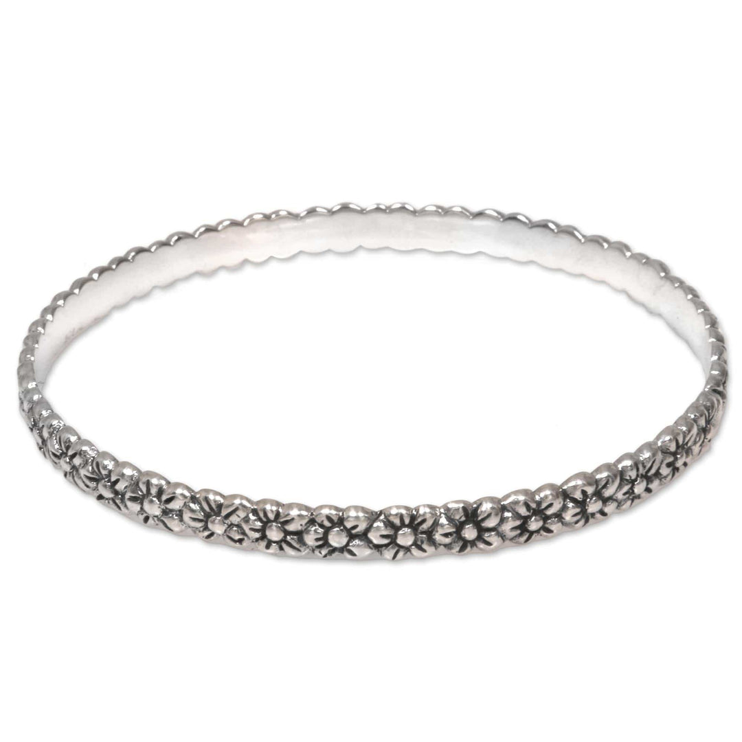 Artisan Handcrafted Floral Sterling Silver Bangle Bracelet - Silver Garland