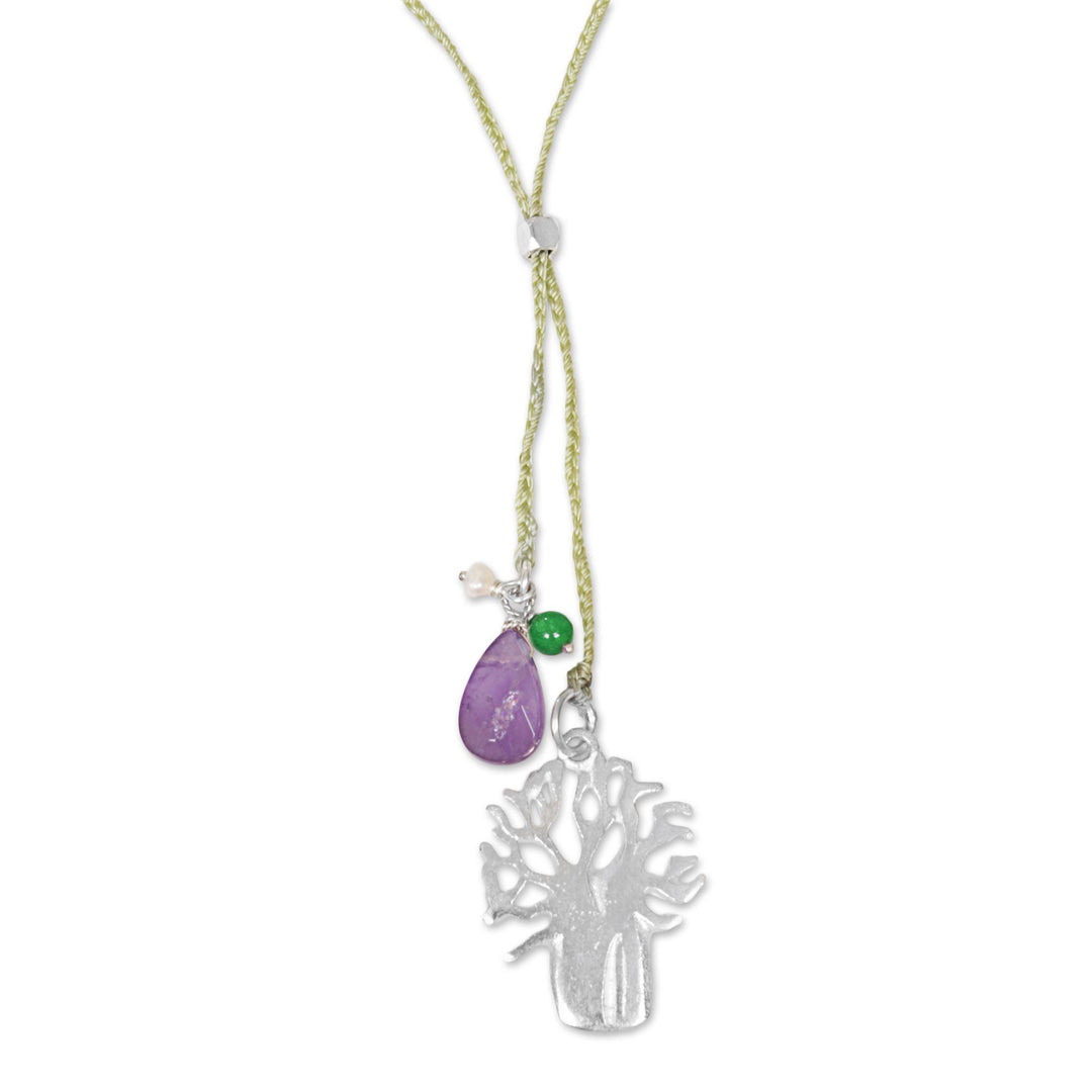 Handmade Lariat Necklace with Amethyst Pearl and Quartz - Green Banyan Tree