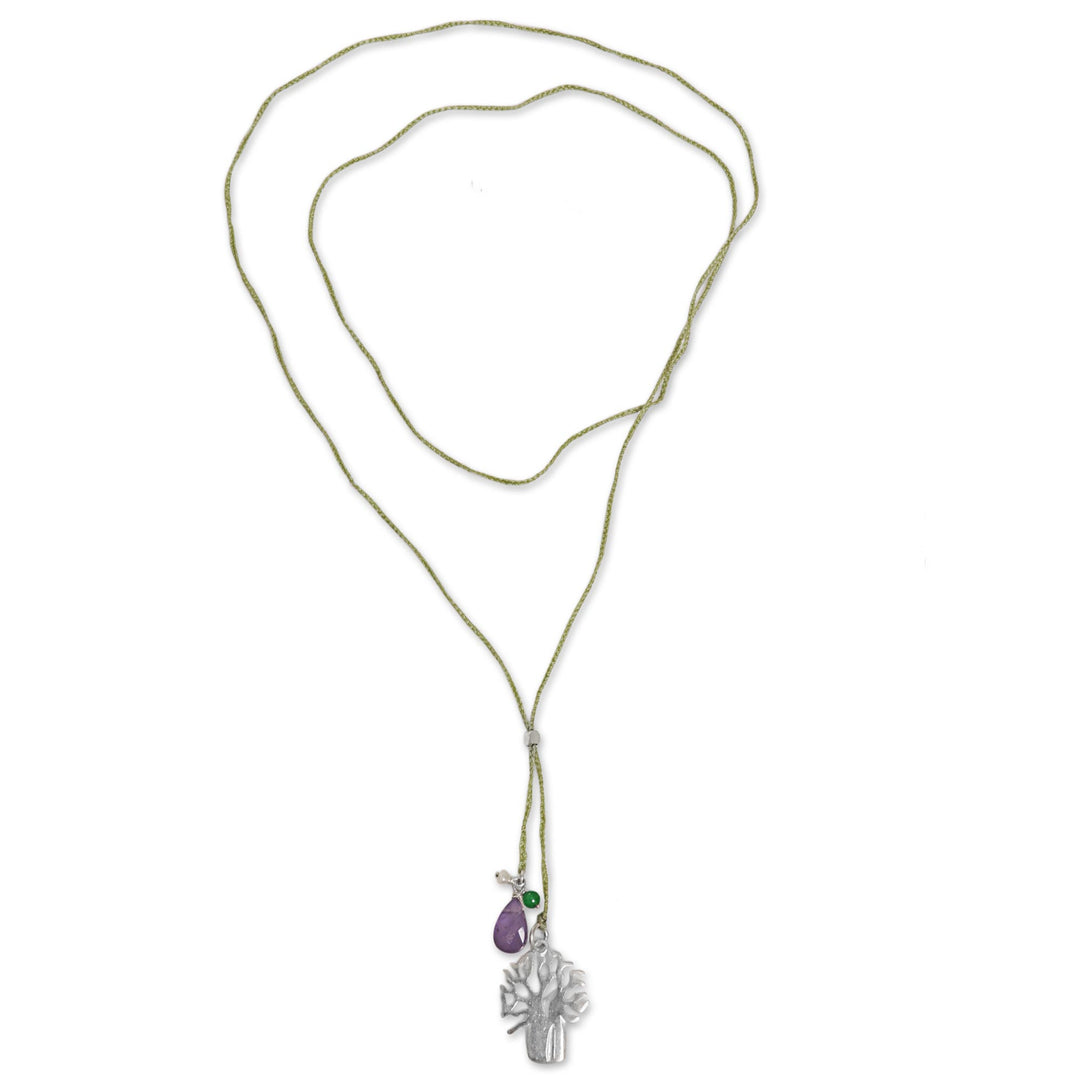 Handmade Lariat Necklace with Amethyst Pearl and Quartz - Green Banyan Tree