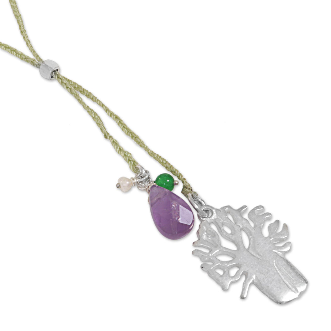 Handmade Lariat Necklace with Amethyst Pearl and Quartz - Green Banyan Tree