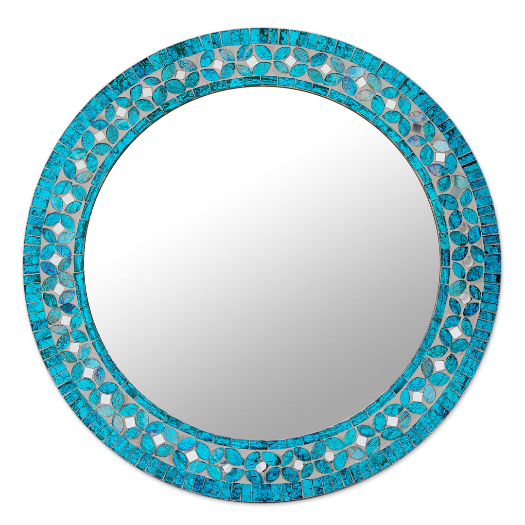 Round Turquoise Glass Mosaic Tile Mirror with Flower Motif - Turquoise Blossom