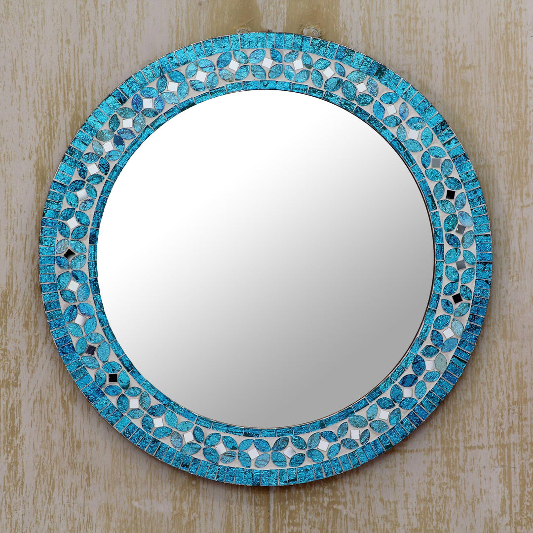 Round Turquoise Glass Mosaic Tile Mirror with Flower Motif - Turquoise Blossom