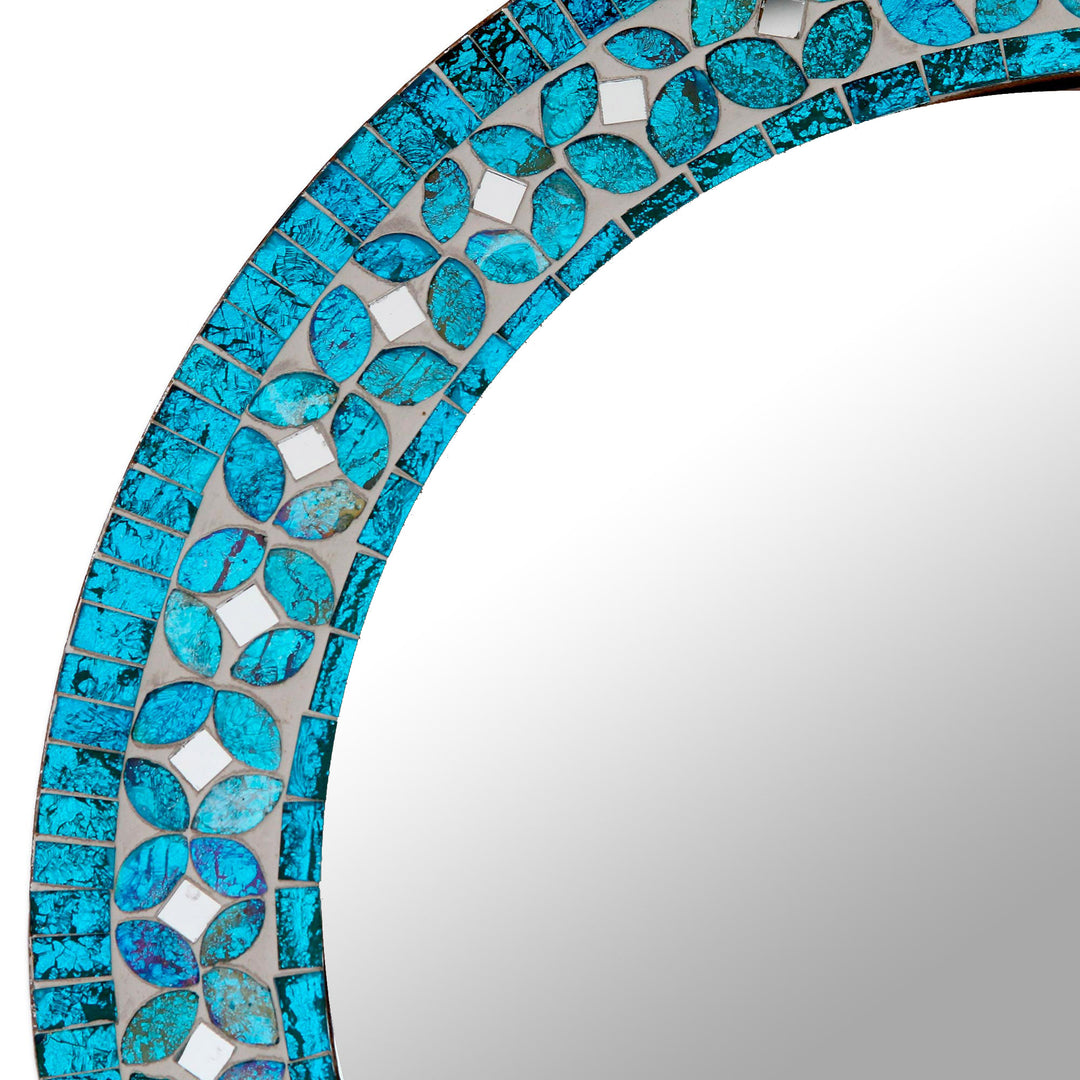 Round Turquoise Glass Mosaic Tile Mirror with Flower Motif - Turquoise Blossom