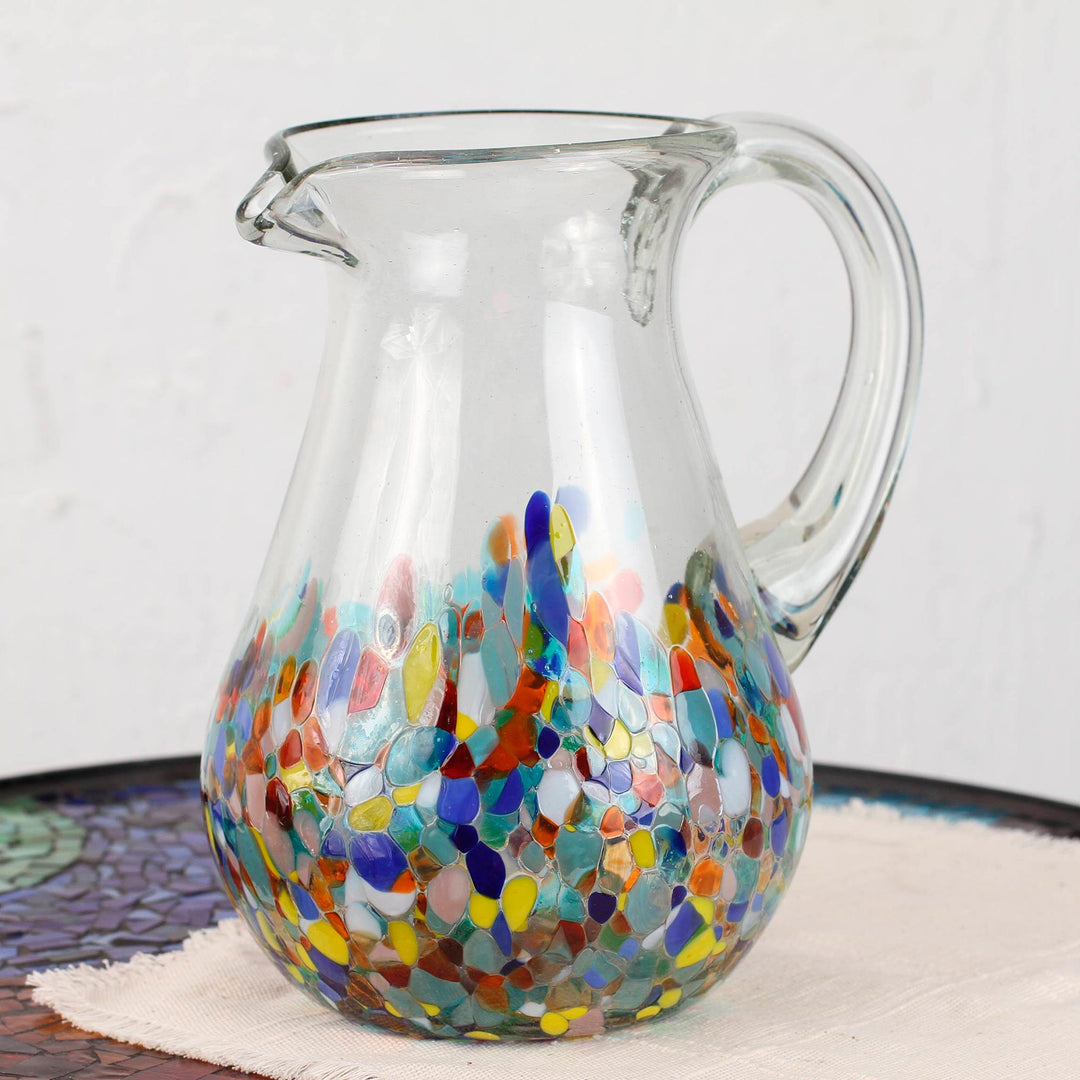 Blown Colorful Recycled Glass Pitcher from Mexico (87 oz) - Confetti Festival