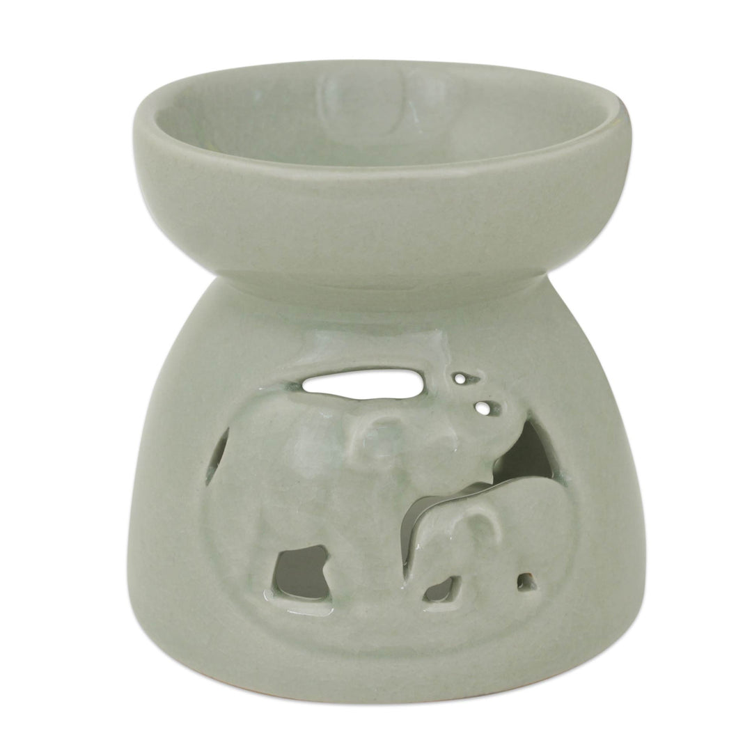 Thailand Elephants Handmade Green Ceramic Clay Oil Warmer - Mother and Baby