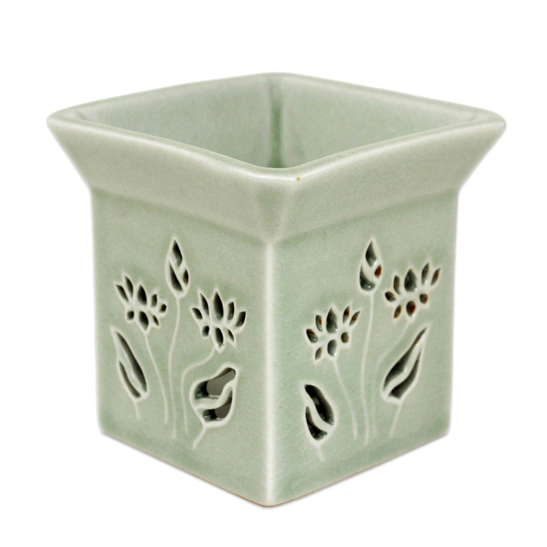 Floral Ceramic Clay Tealight Oil Warmer Handcrafted Thailand - Lotus Garden