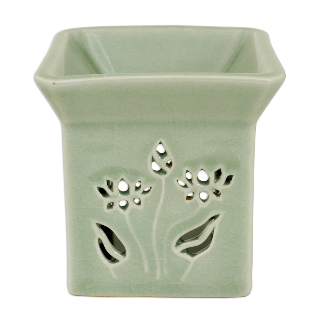 Floral Ceramic Clay Tealight Oil Warmer Handcrafted Thailand - Lotus Garden