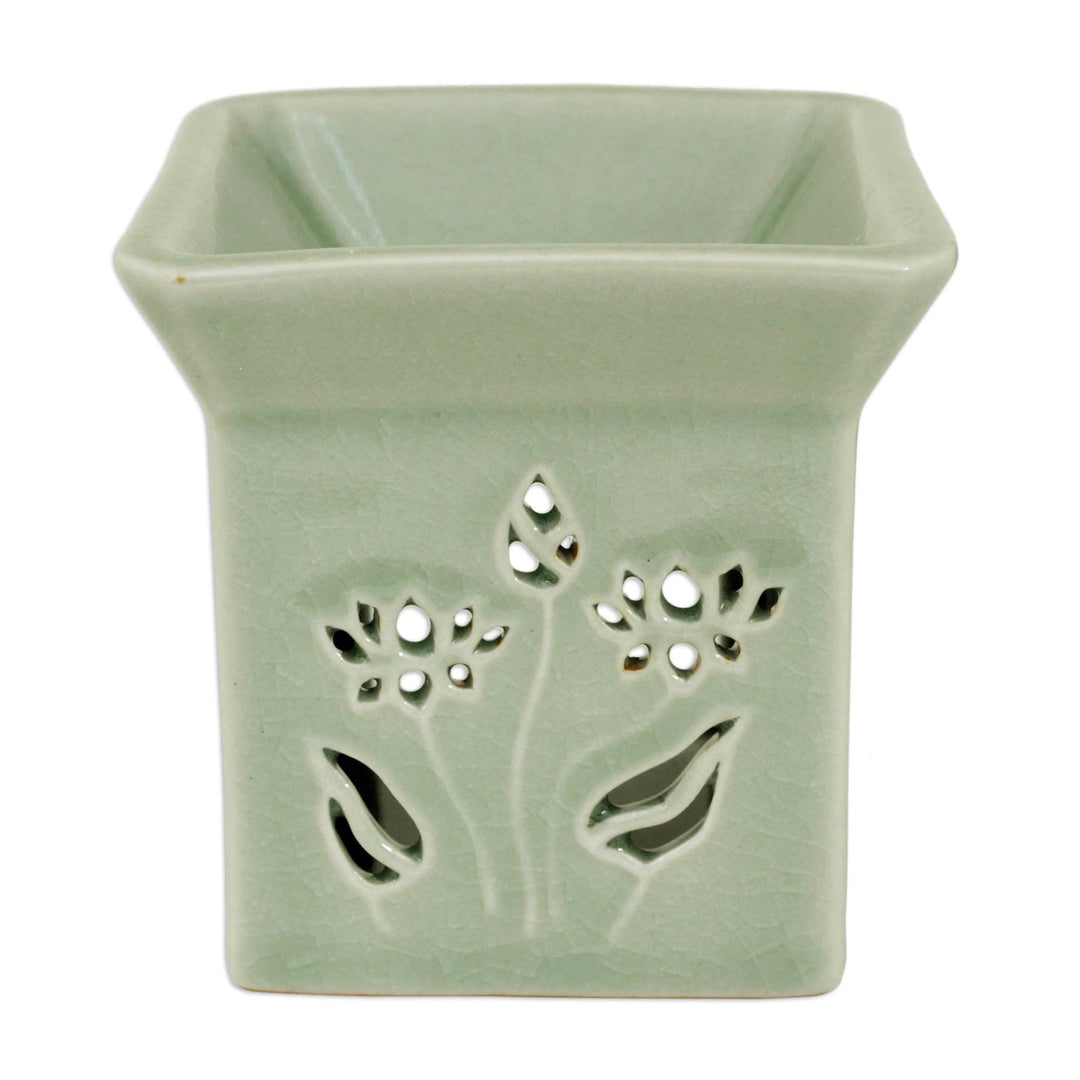 Floral Ceramic Clay Tealight Oil Warmer Handcrafted Thailand - Lotus Garden