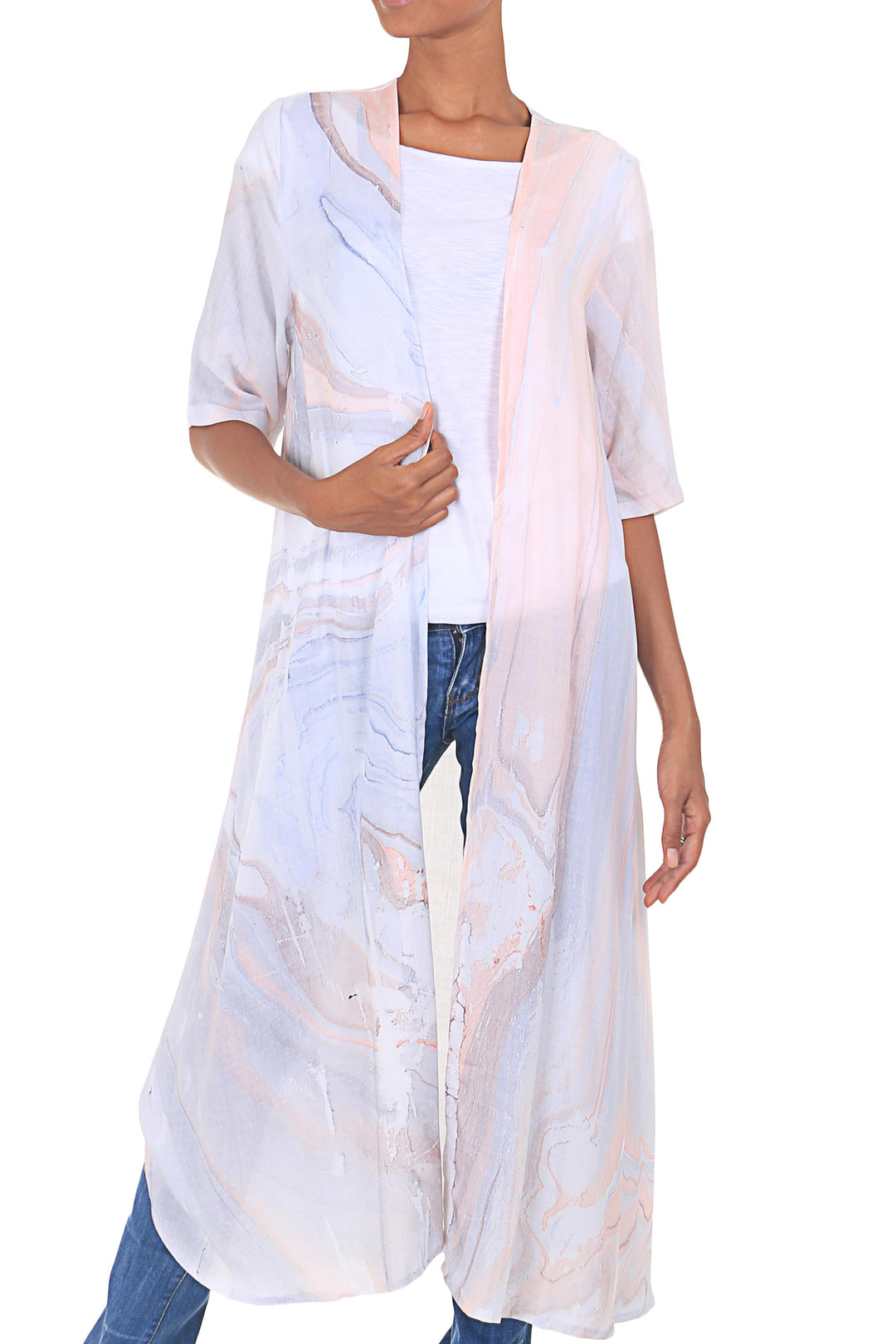 Hand-Dyed Open Front Kimono Jacket in Grey and Peach - Swirling Currents