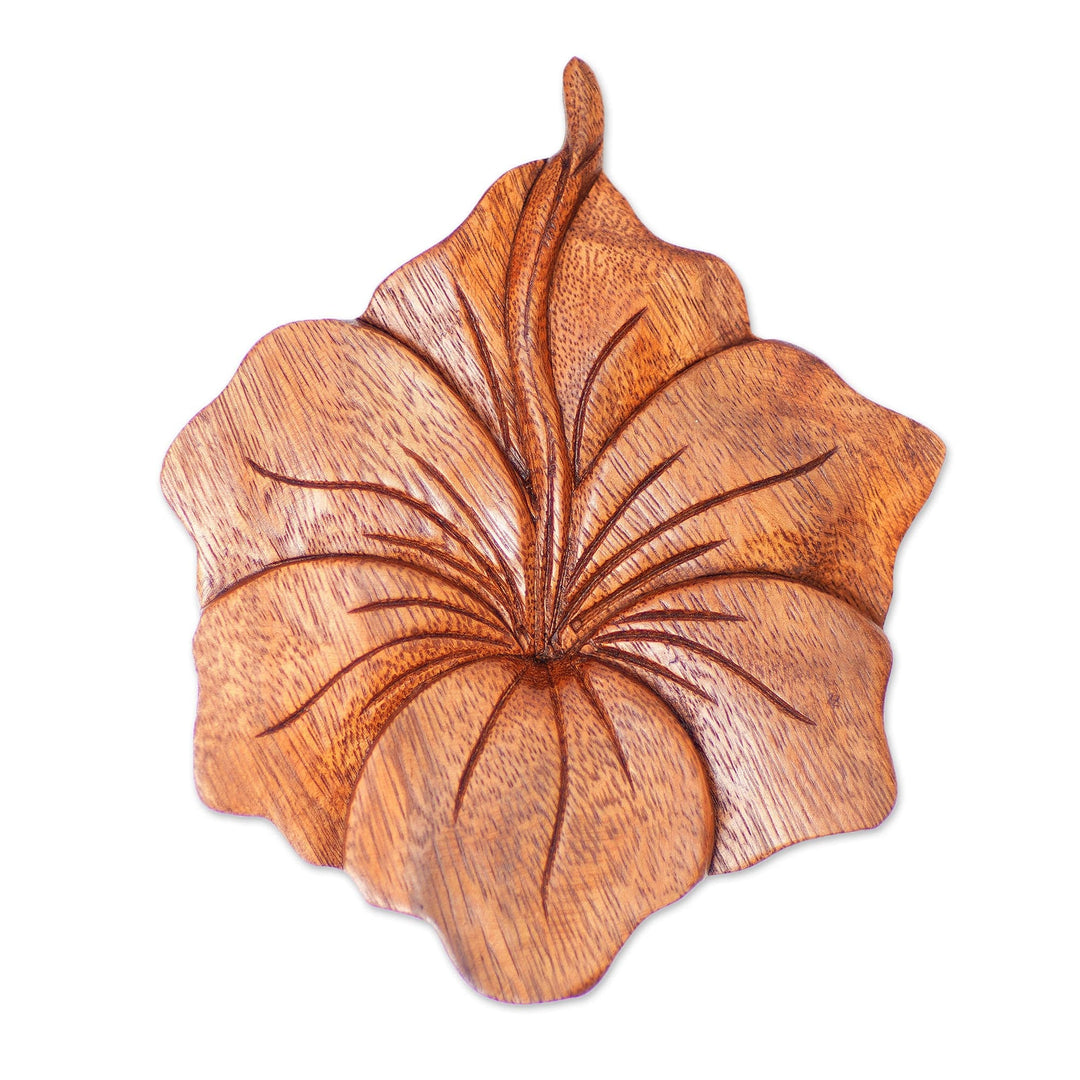 Balinese Hand Carved Hibiscus Flower Wood Relief Panel - Single Hibiscus