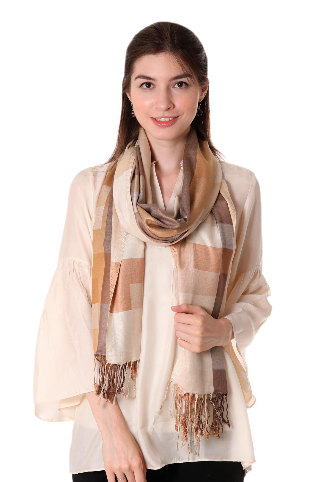 Indian Viscose Shawl with Geometric Pattern - Earthy Story