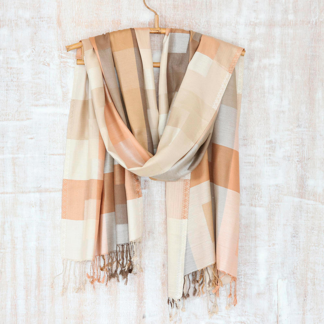 Indian Viscose Shawl with Geometric Pattern - Earthy Story