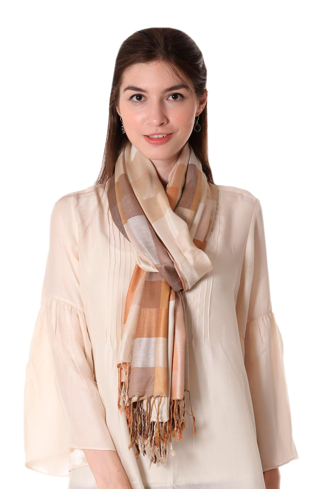 Indian Viscose Shawl with Geometric Pattern - Earthy Story