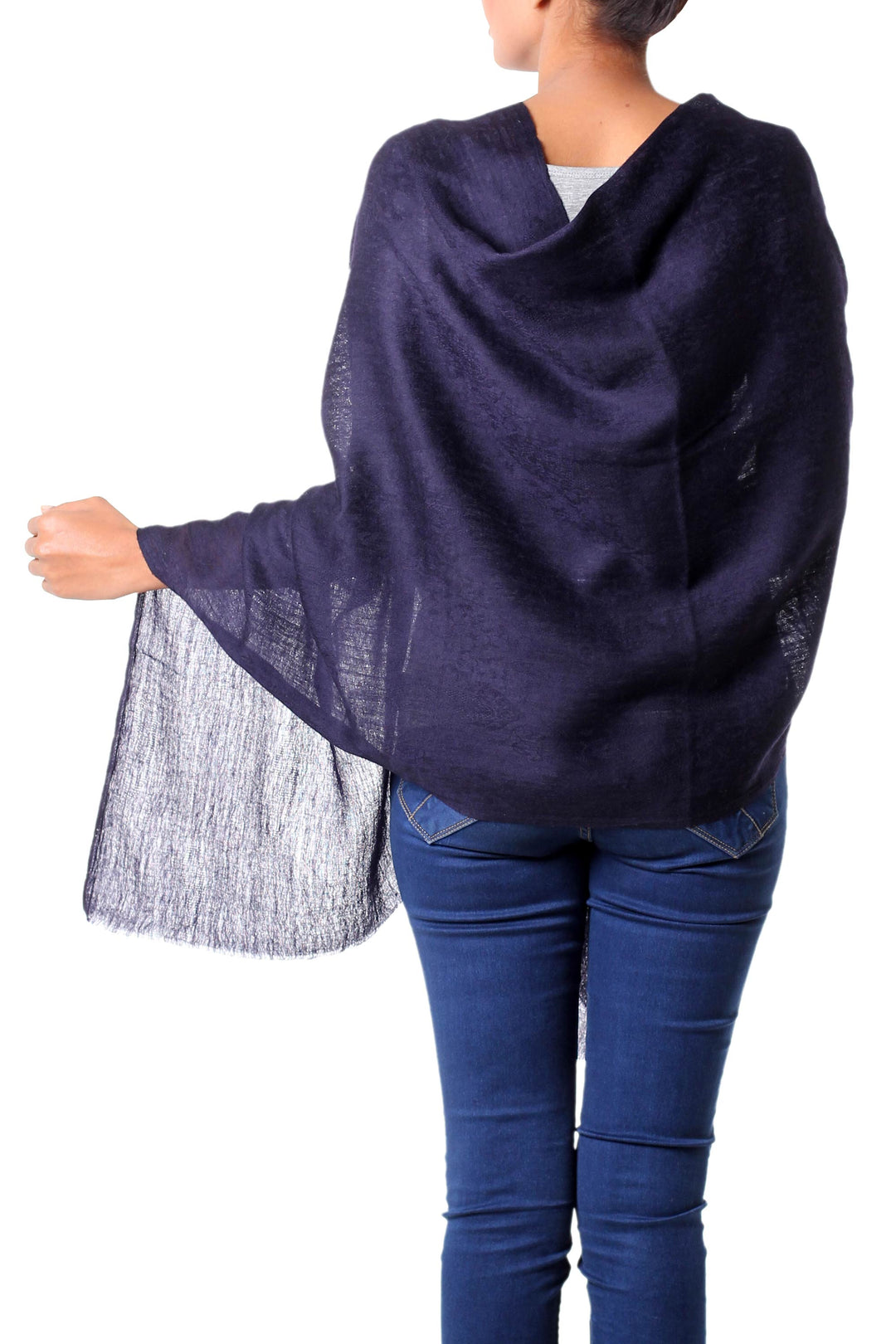 Indian Midnight Blue Paisley Weave Wool Shawl for Women - Midnight Panache