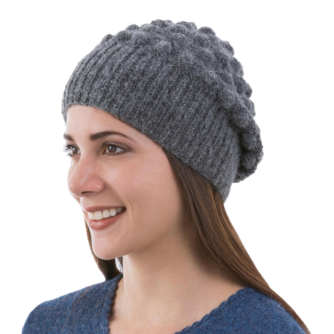 Grey Alpaca Hat Original Design Knit by Hand in Peru - Grey Bubbles