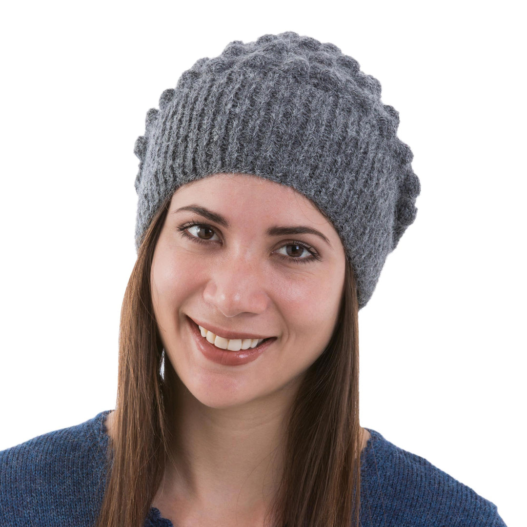 Grey Alpaca Hat Original Design Knit by Hand in Peru - Grey Bubbles