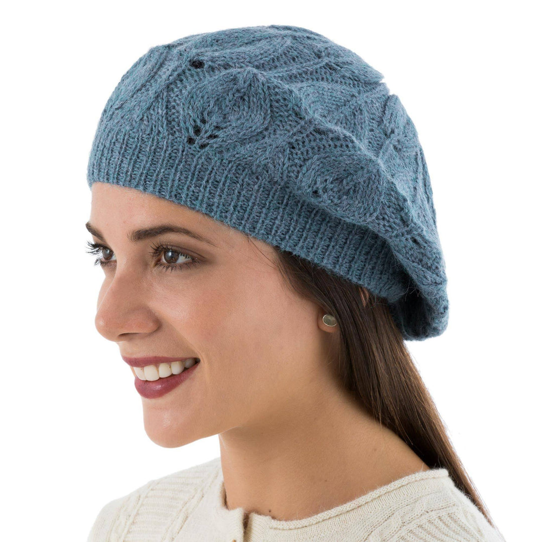Women's Blue Beret Hat Knitted by Hand in 100% Alpaca Wool - Azure Leaves