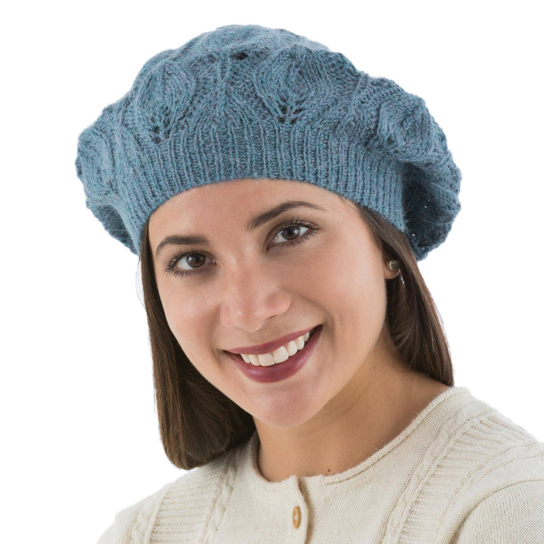 Women's Blue Beret Hat Knitted by Hand in 100% Alpaca Wool - Azure Leaves