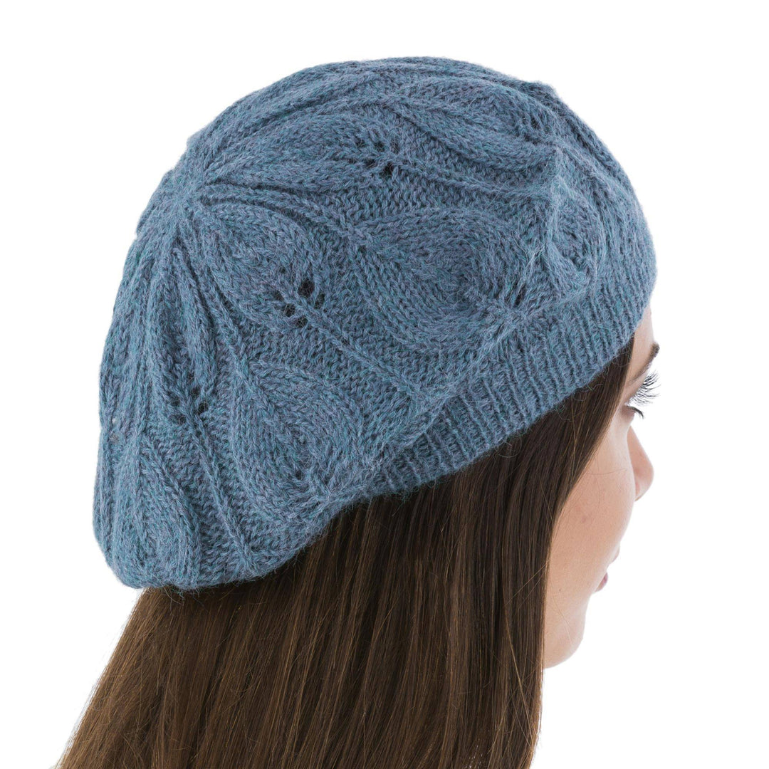 Women's Blue Beret Hat Knitted by Hand in 100% Alpaca Wool - Azure Leaves