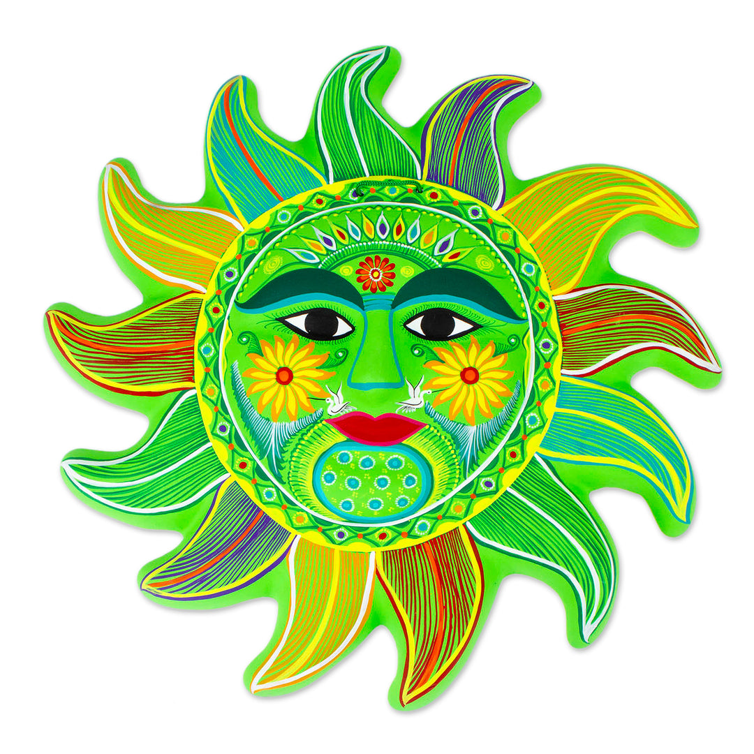 Bright Green Signed Ceramic Sun Wall Sculpture from Mexico - Fresh April Sun