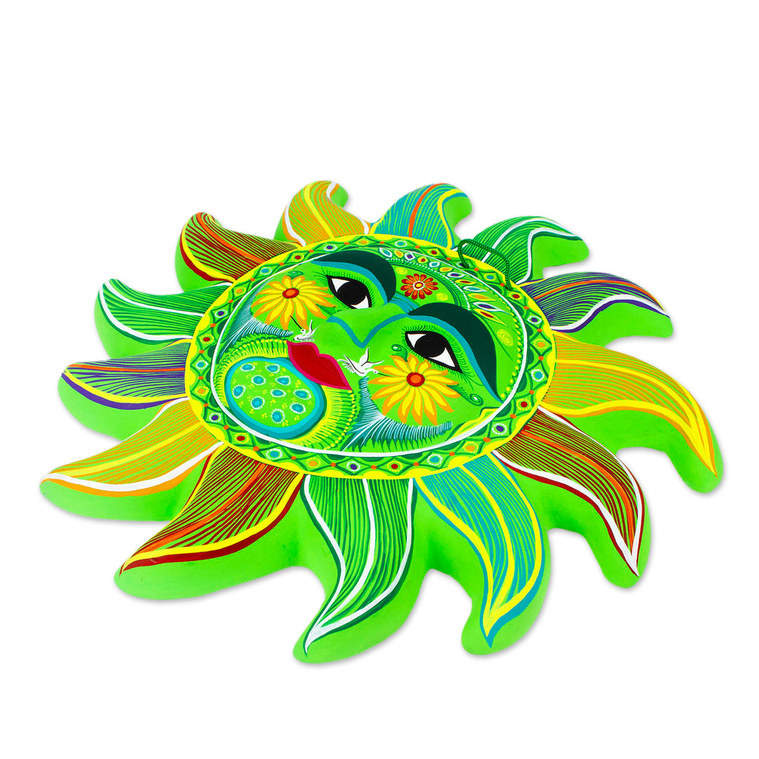 Bright Green Signed Ceramic Sun Wall Sculpture from Mexico - Fresh April Sun