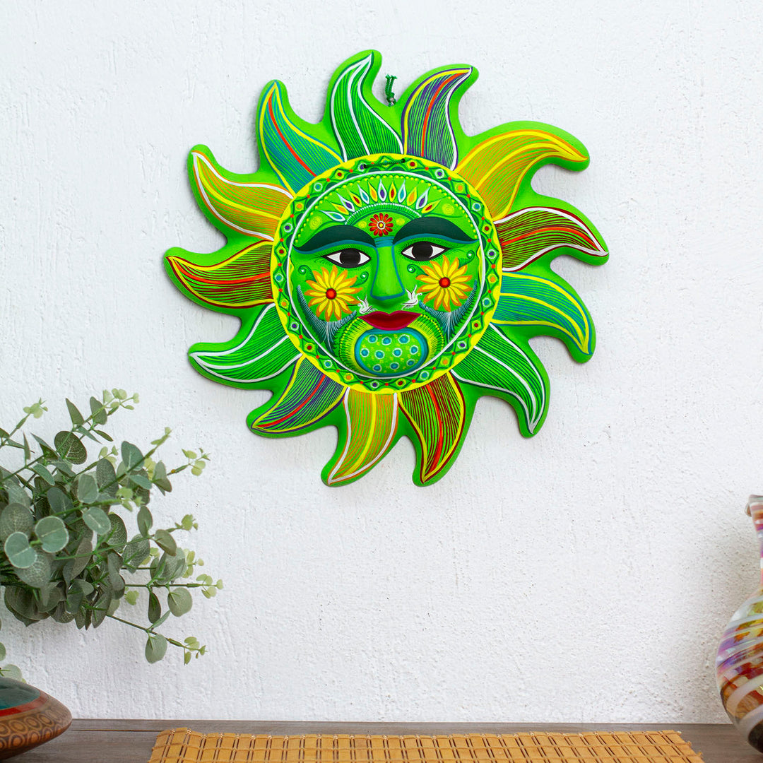 Bright Green Signed Ceramic Sun Wall Sculpture from Mexico - Fresh April Sun