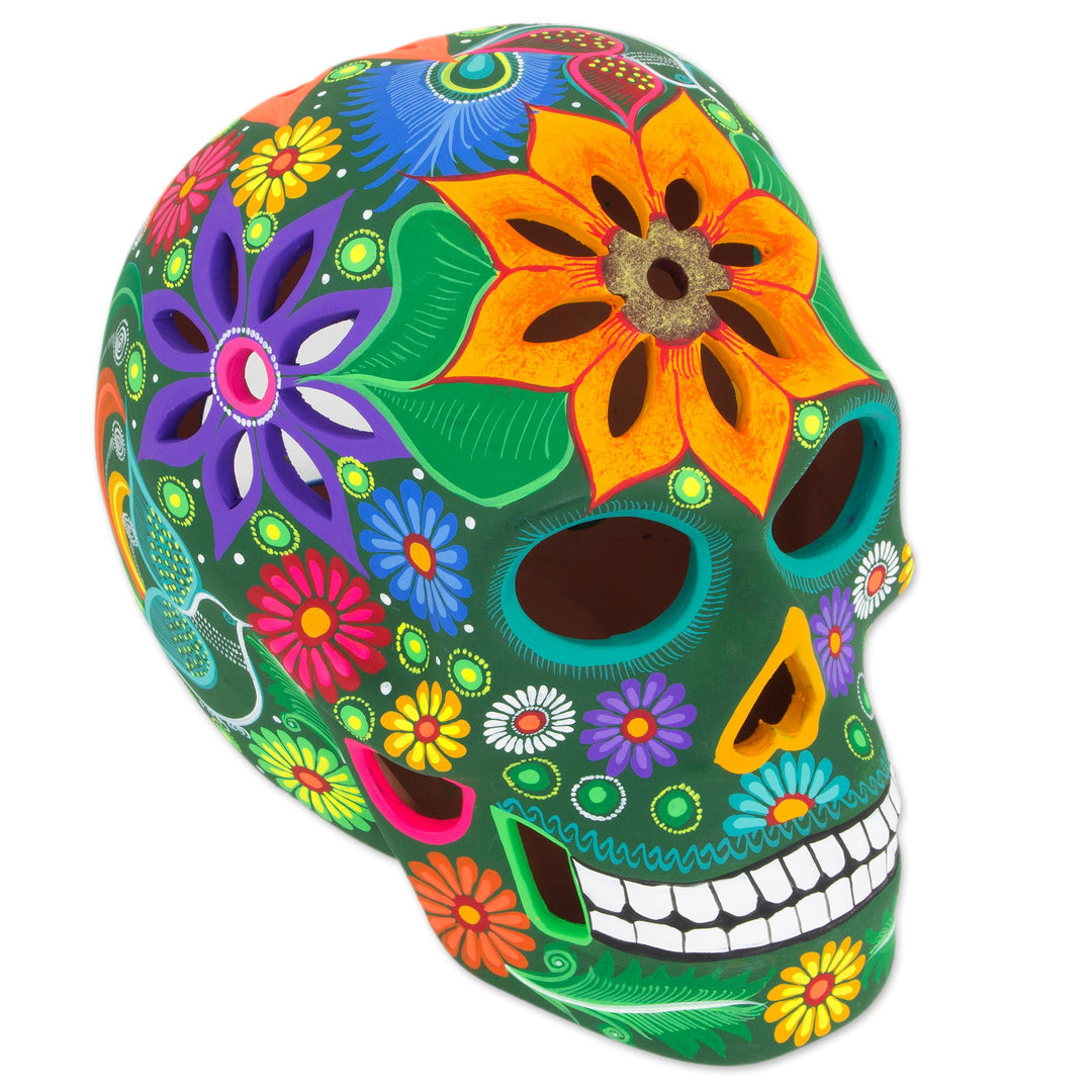 Floral Ceramic Day of the Dead Skull Sculpture from Mexico - Cheerful Skull