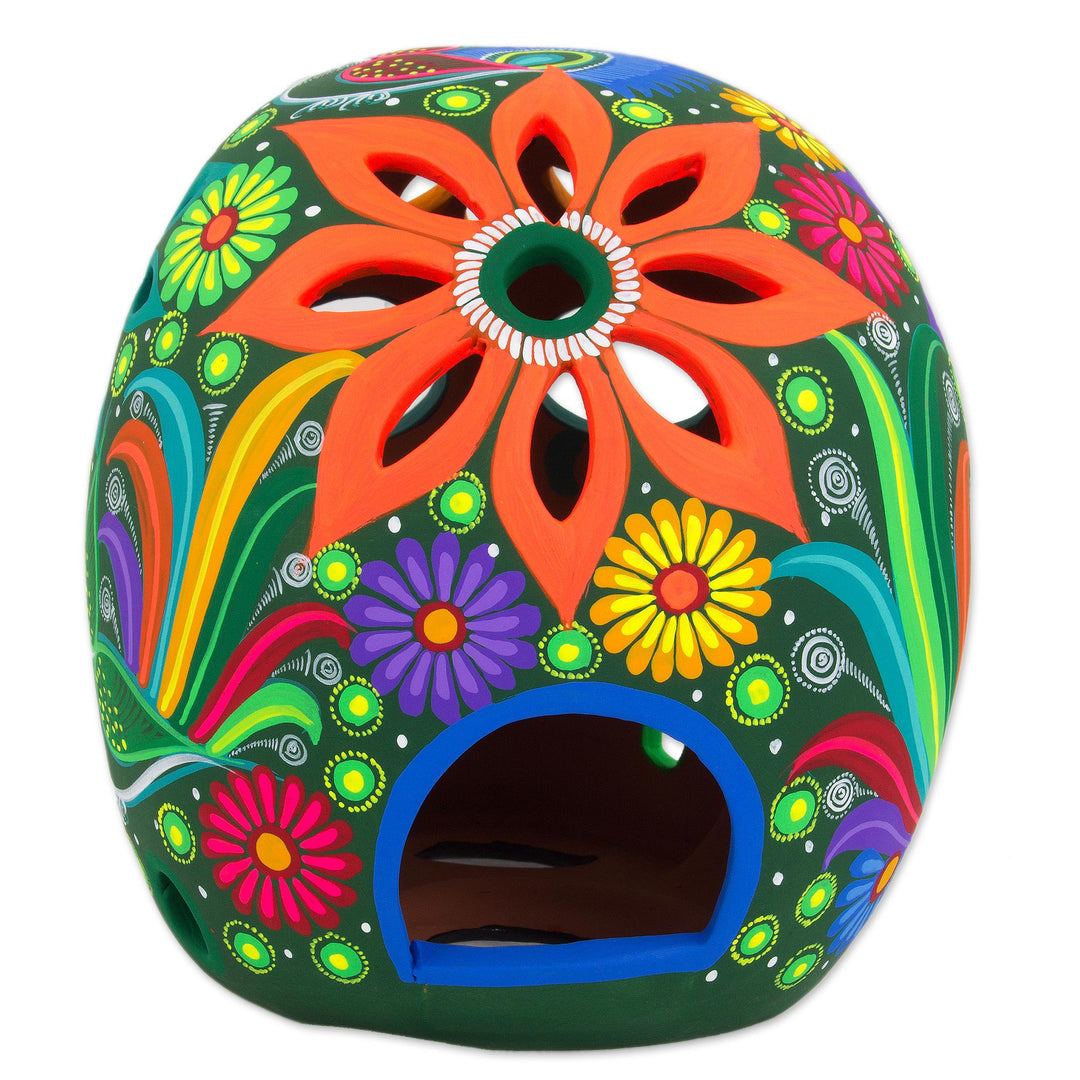 Floral Ceramic Day of the Dead Skull Sculpture from Mexico - Cheerful Skull