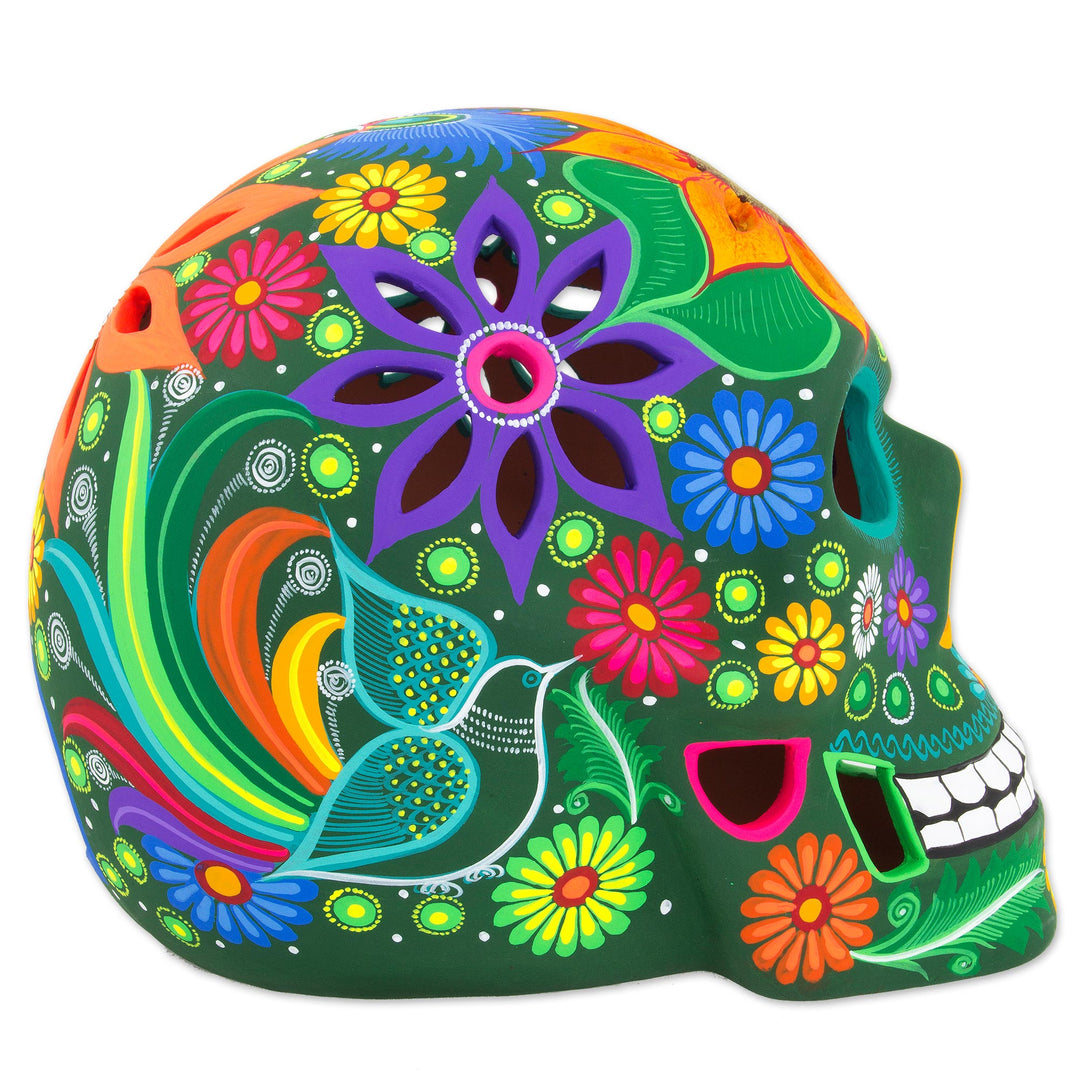 Floral Ceramic Day of the Dead Skull Sculpture from Mexico - Cheerful Skull