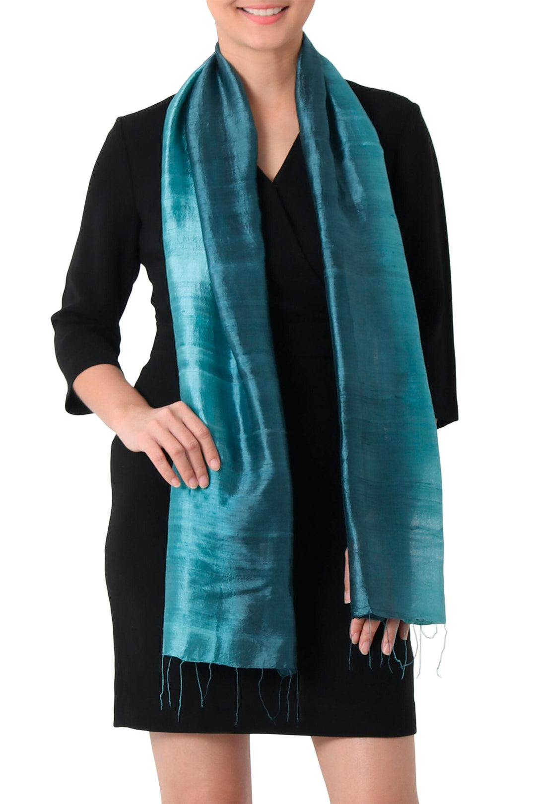 Artisan Crafted 100% Silk Teal Wrap Scarf from Thailand - Peacock Blue