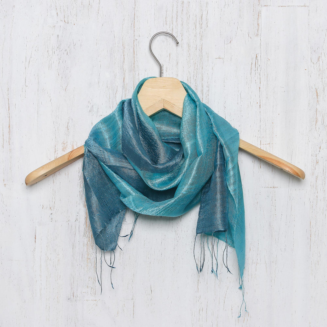 Artisan Crafted 100% Silk Teal Wrap Scarf from Thailand - Peacock Blue
