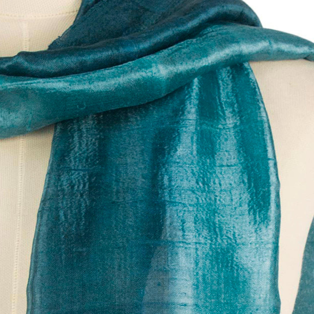 Artisan Crafted 100% Silk Teal Wrap Scarf from Thailand - Peacock Blue