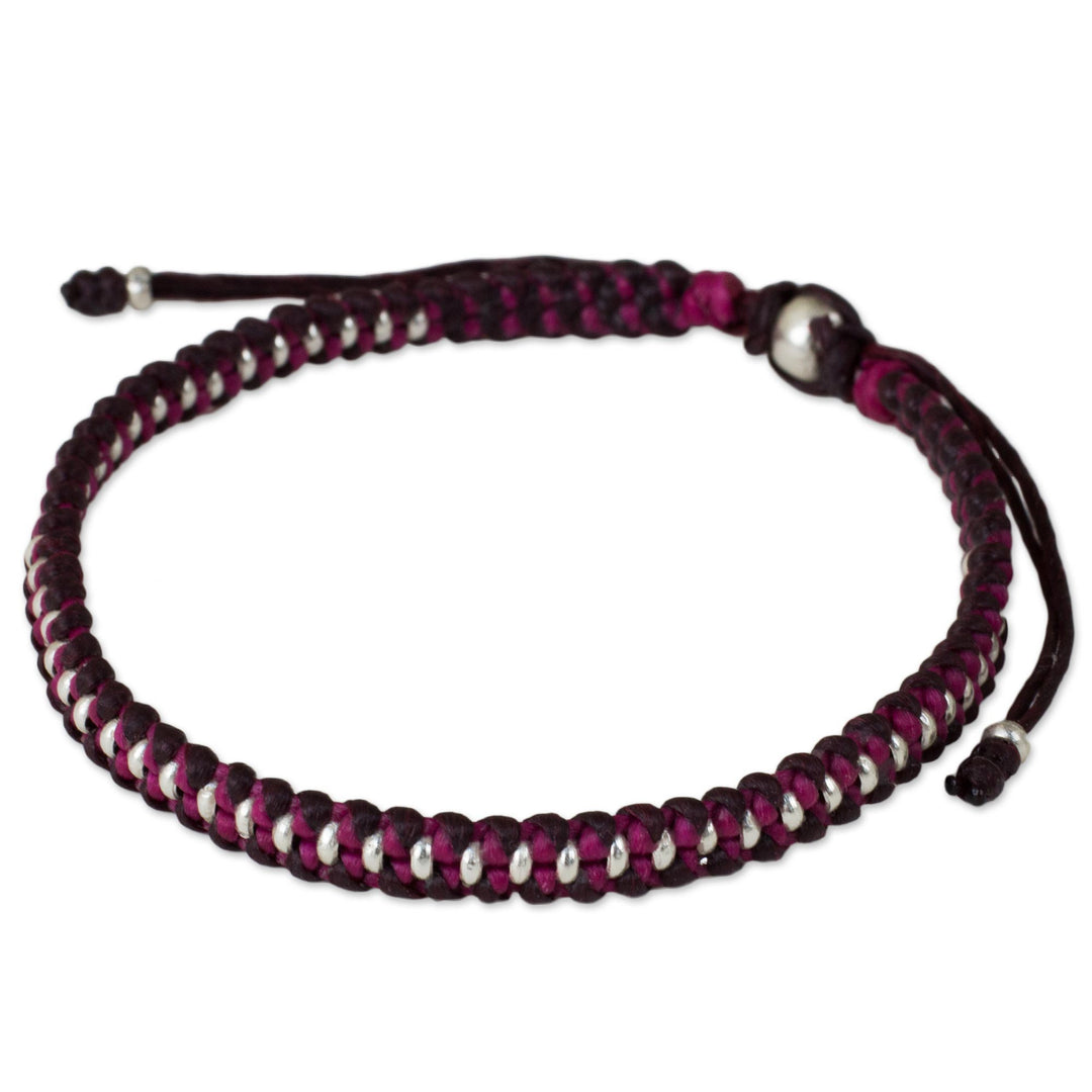 Artisan Crafted Braided Bracelet with Silver Beads - Bringing Friendship in Magenta