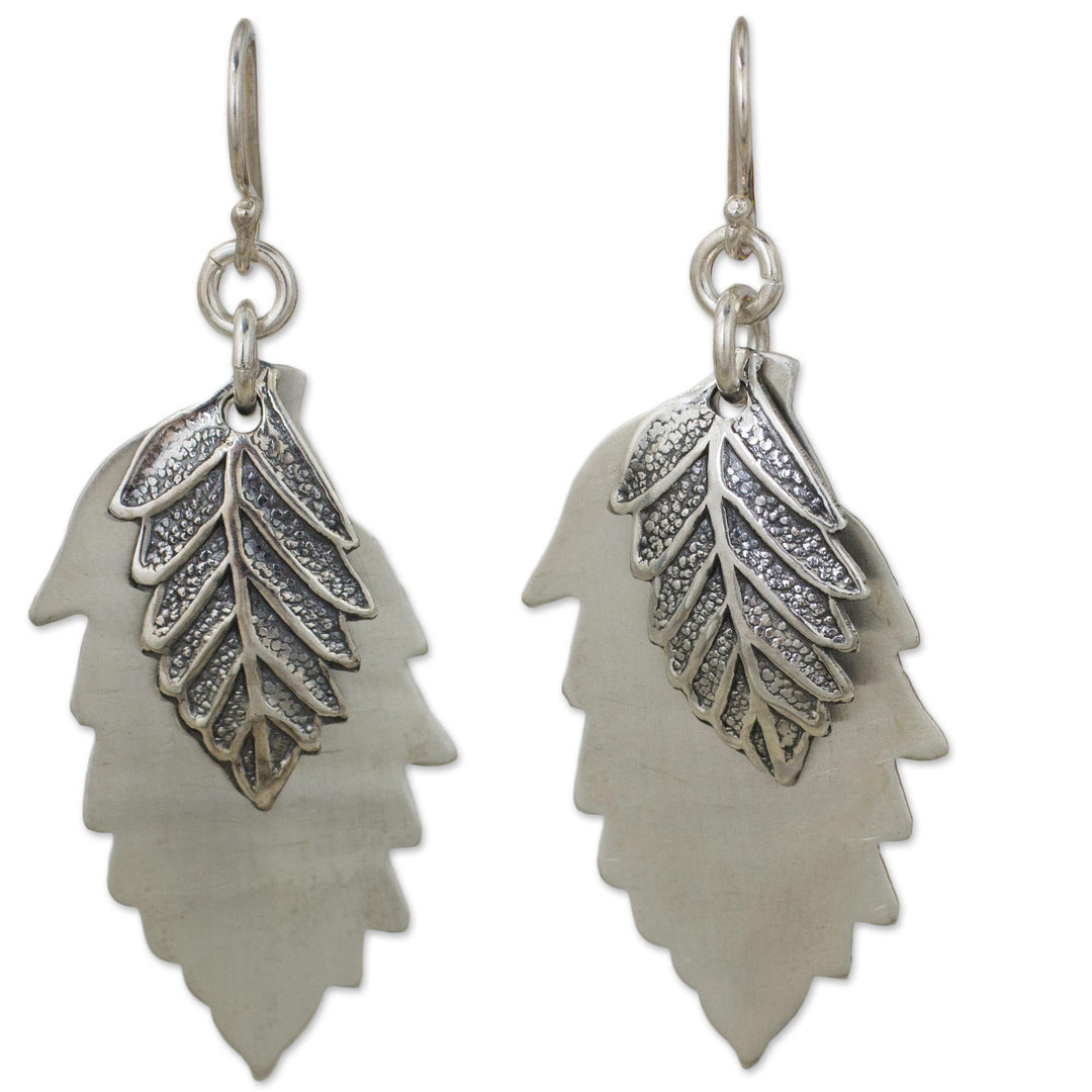 Double 925 Sterling Silver Leaves Artisan Crafted Earrings - Leaf Shadows