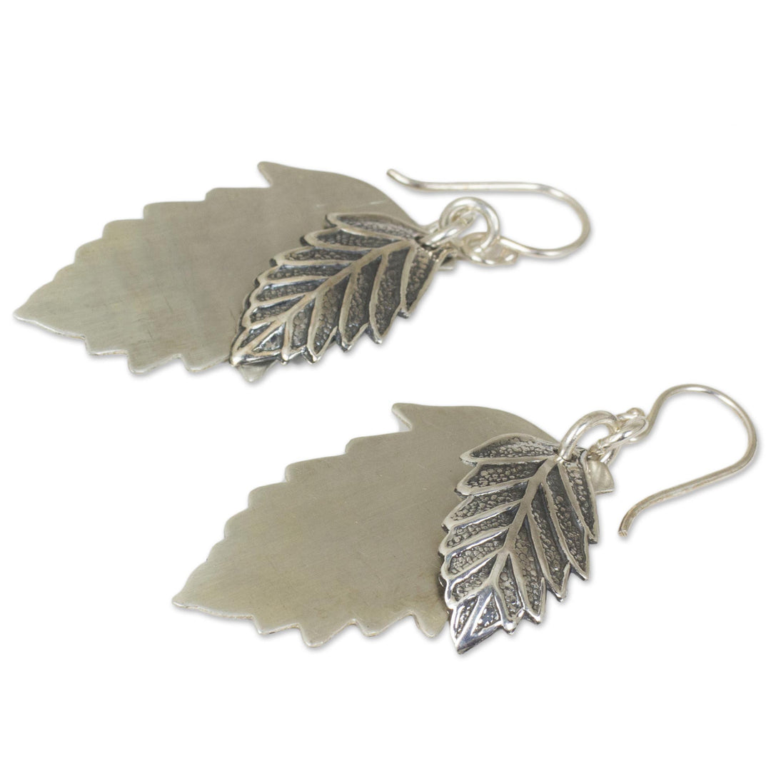 Double 925 Sterling Silver Leaves Artisan Crafted Earrings - Leaf Shadows