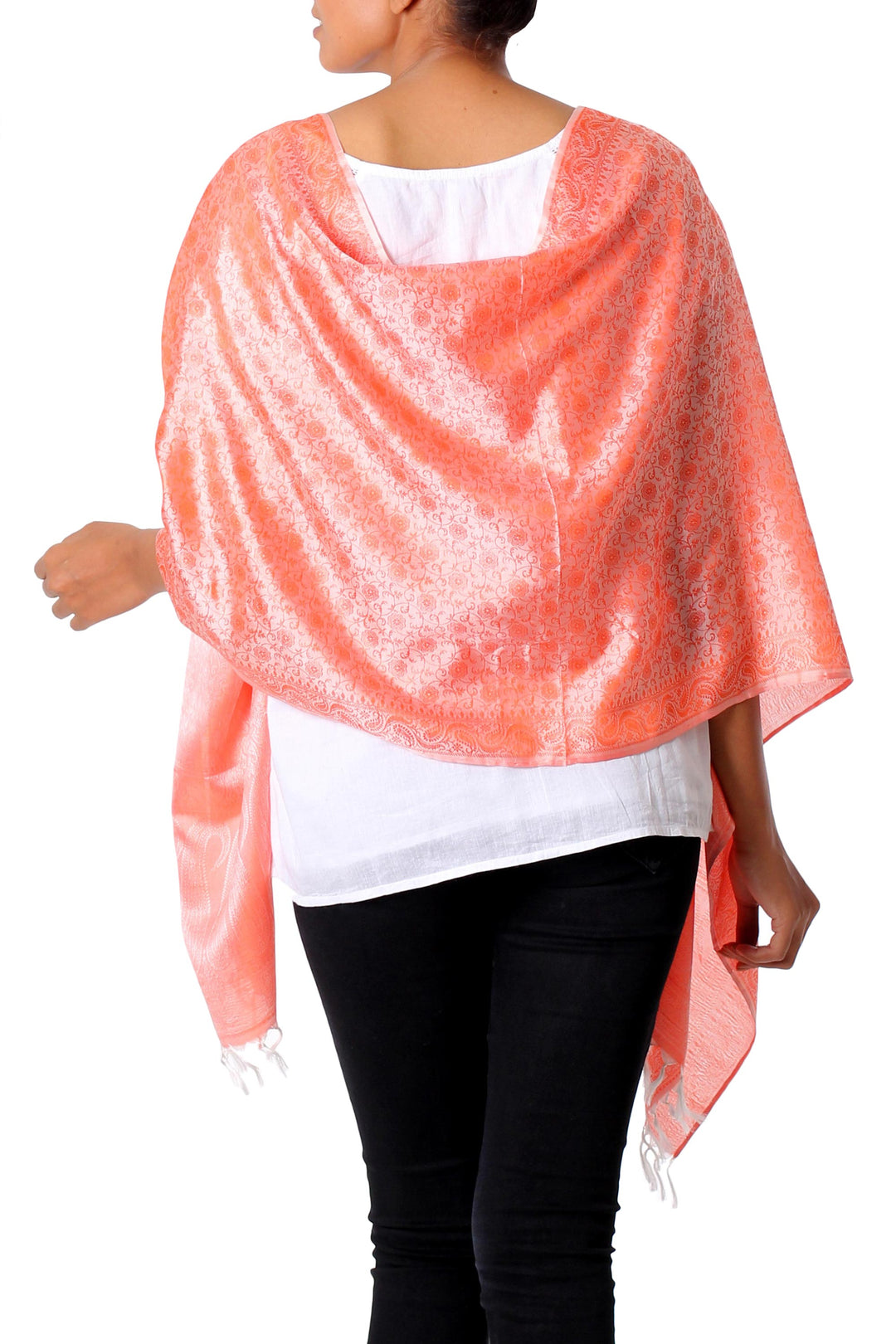 Floral Paisley Varanasi Silk Shawl in Orange and White - Tangerine Ecstasy
