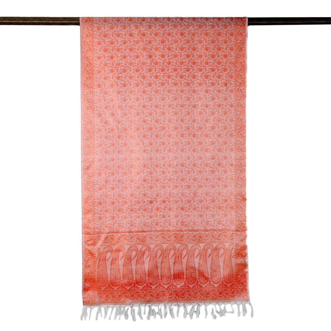 Floral Paisley Varanasi Silk Shawl in Orange and White - Tangerine Ecstasy