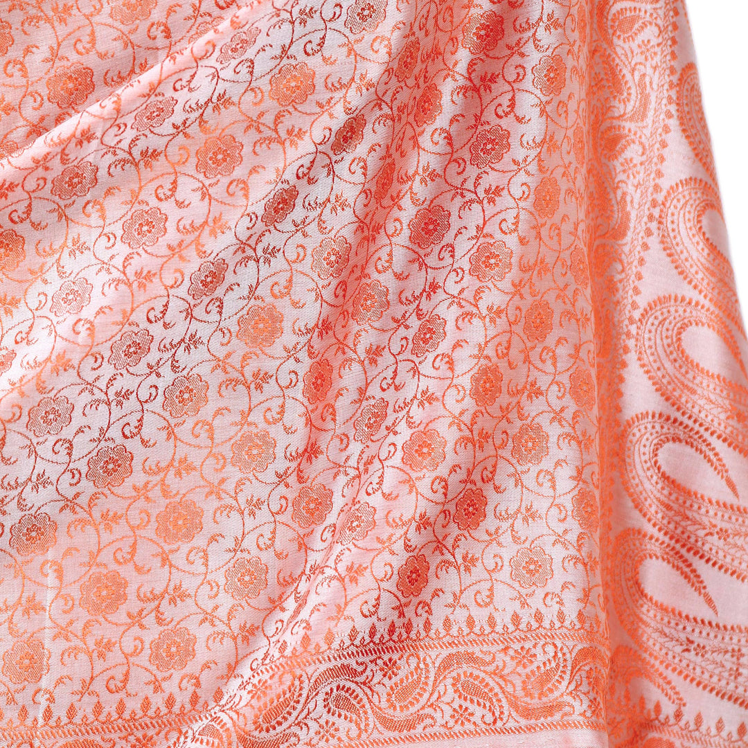 Floral Paisley Varanasi Silk Shawl in Orange and White - Tangerine Ecstasy