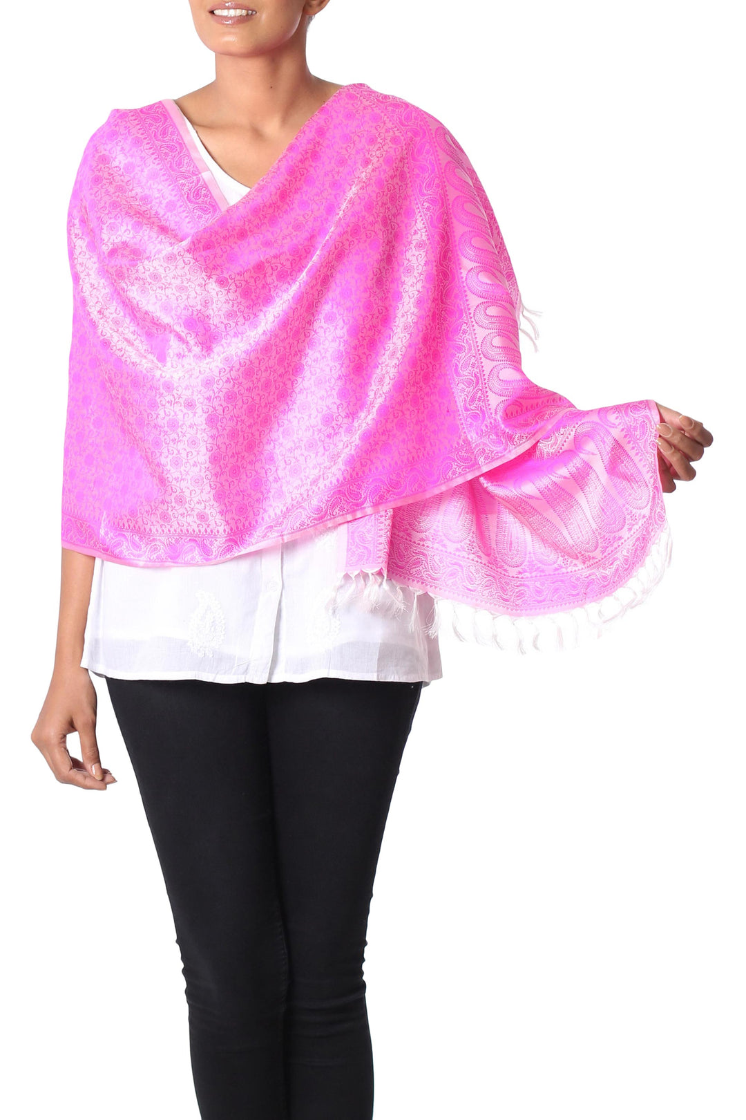 Fuchsia 100% Varanasi Silk Floral Shawl with Paisley Borders - Fuchsia Passion