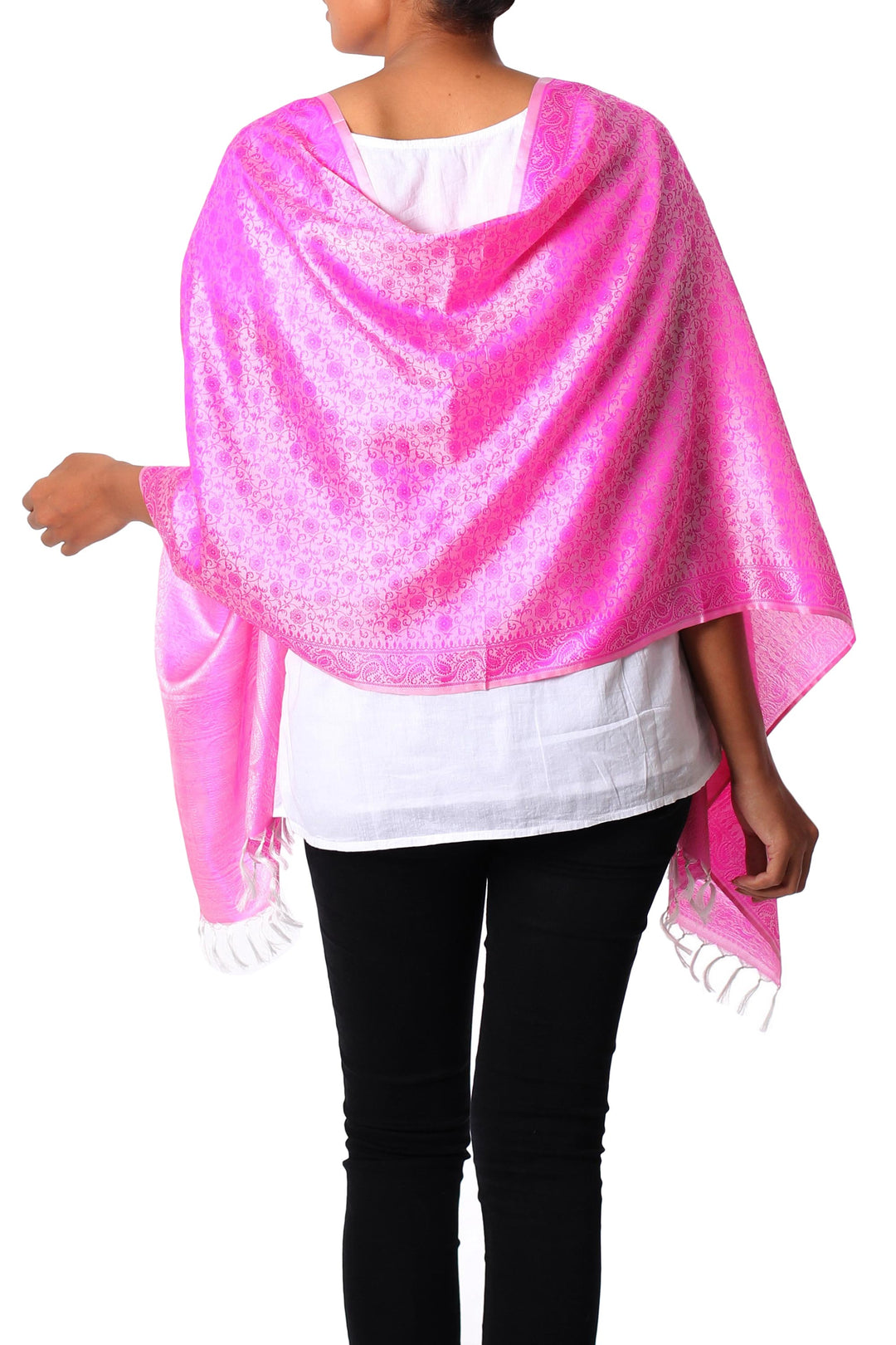 Fuchsia 100% Varanasi Silk Floral Shawl with Paisley Borders - Fuchsia Passion