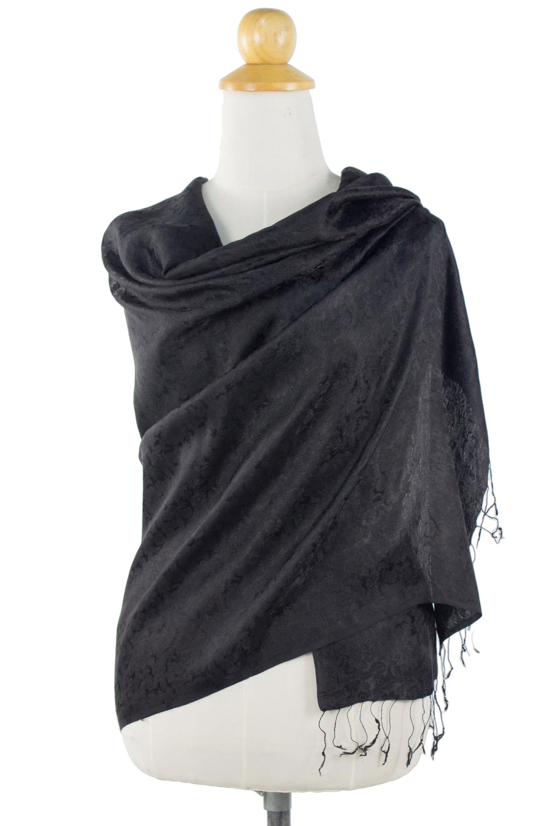 Artisan Crafted Rayon Blend Black Shawl with Floral Motif - Mandarin Jet
