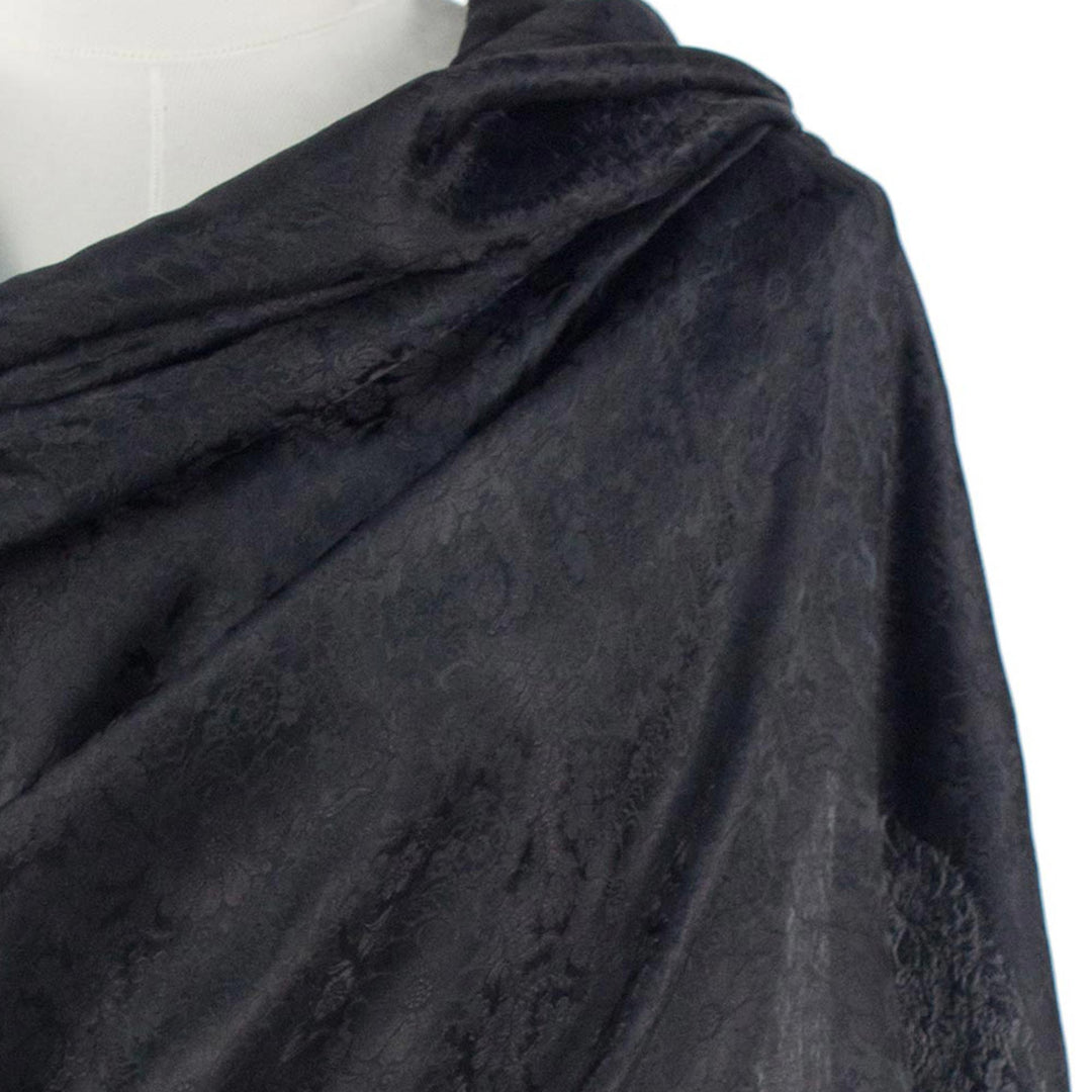 Artisan Crafted Rayon Blend Black Shawl with Floral Motif - Mandarin Jet