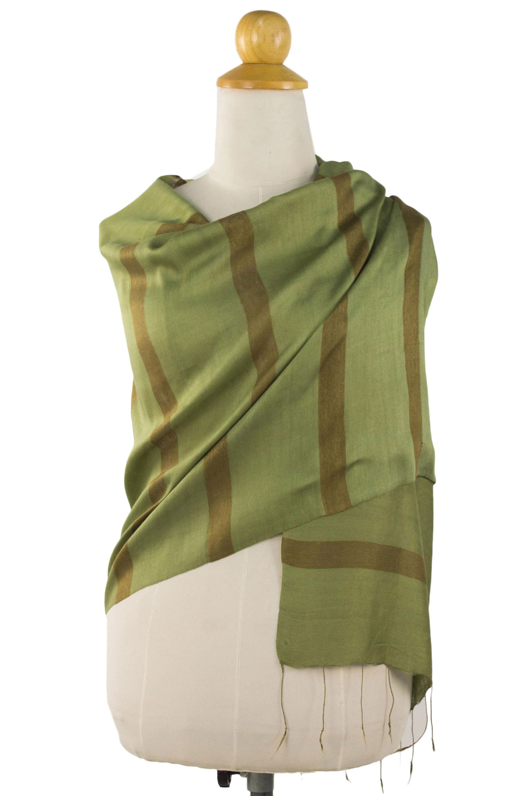 Hand Woven Green Silk Blend Shawl with Striped Motif - Jungle Green